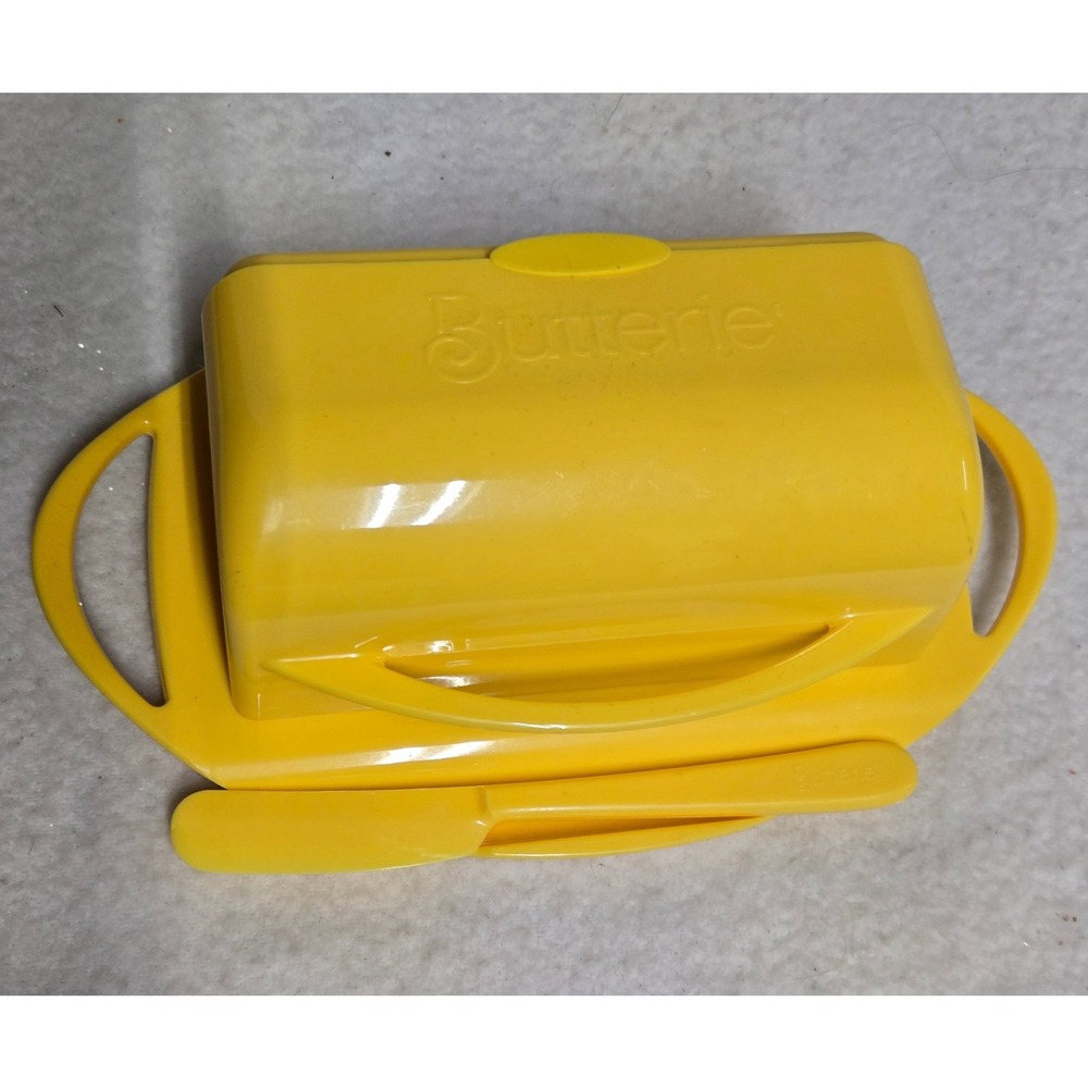 Butterie Yellow Flip Top Butter Dish w Spreader Knife 2 Stick Countertop Keeper